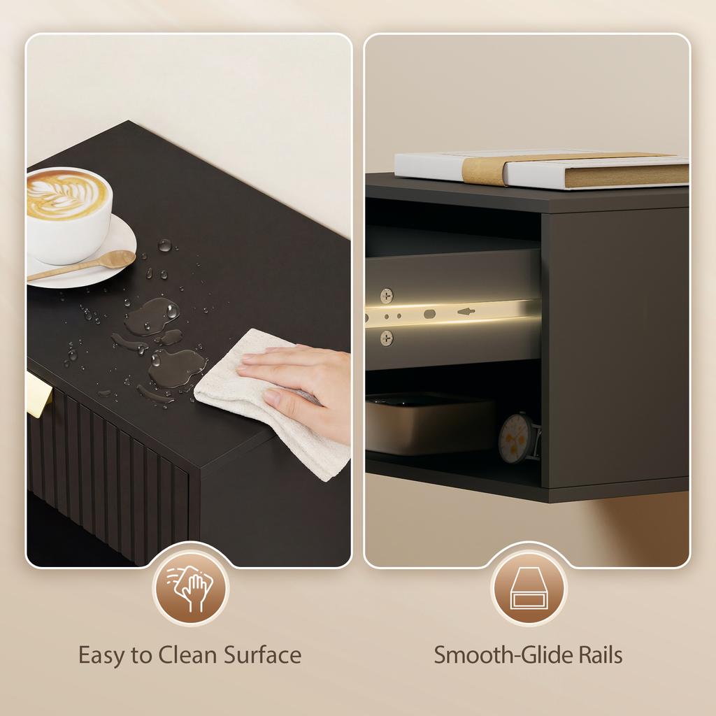 Set of 2 Wall Mounted Nightstands, Floating Bedside Tables with Fluted Drawer and Open Shelf for Small Bedroom, Black