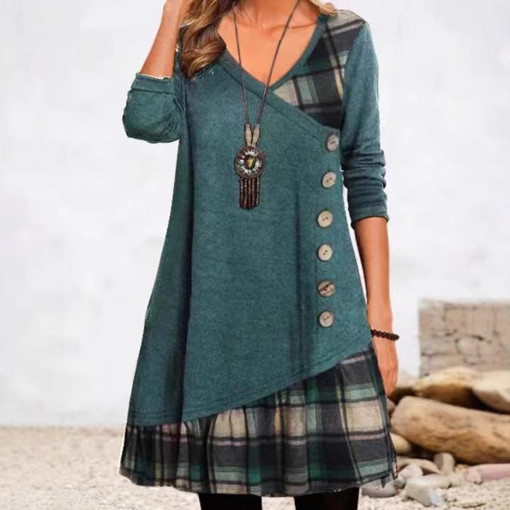 Women's Long Sleeve Button Check Patchwork Dress Ladies V Neck A-Line Casual Night Gown Plus Size Clothing 2026