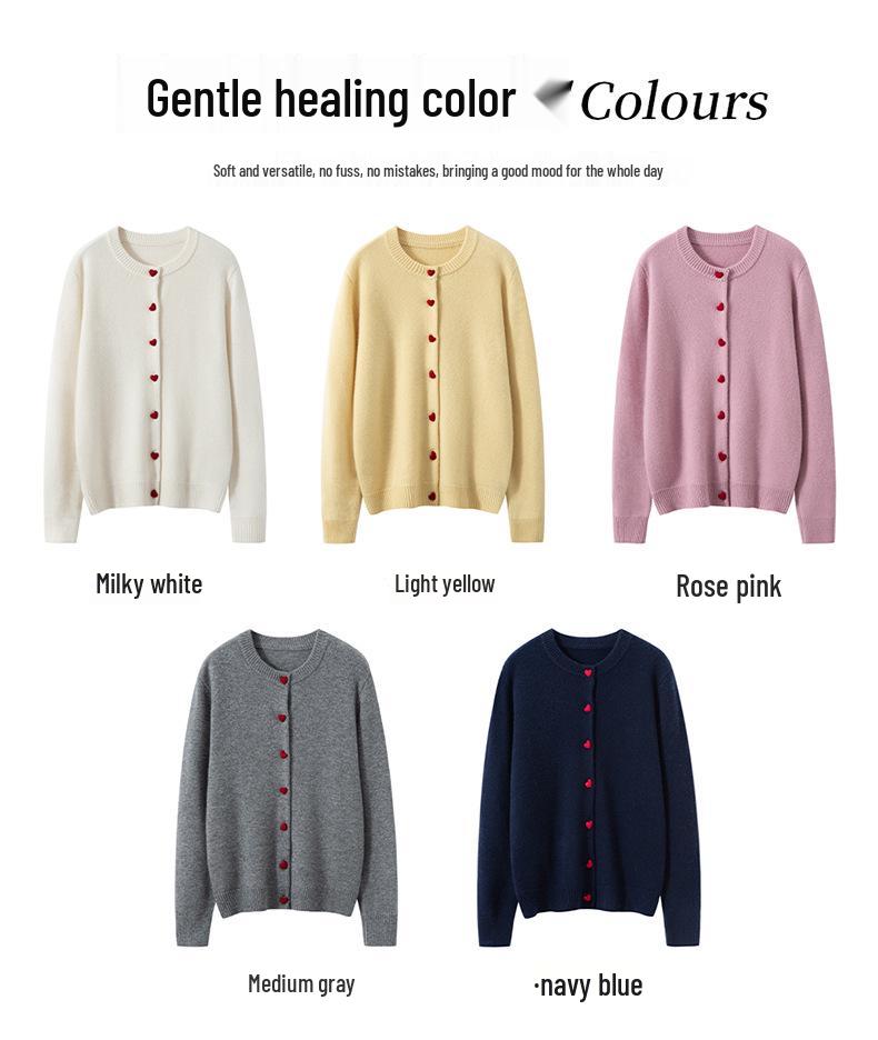 Heart Button Cashmere Round Neck Knit Cardigan - Autumn/Winter Collection