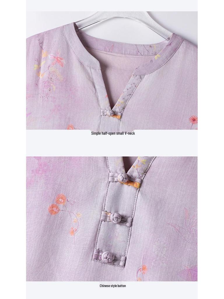 Retro Artistic Ramie Print Qipao Dress – V-neck, Short Sleeve, Mid-Length, Chinese Style for Summer