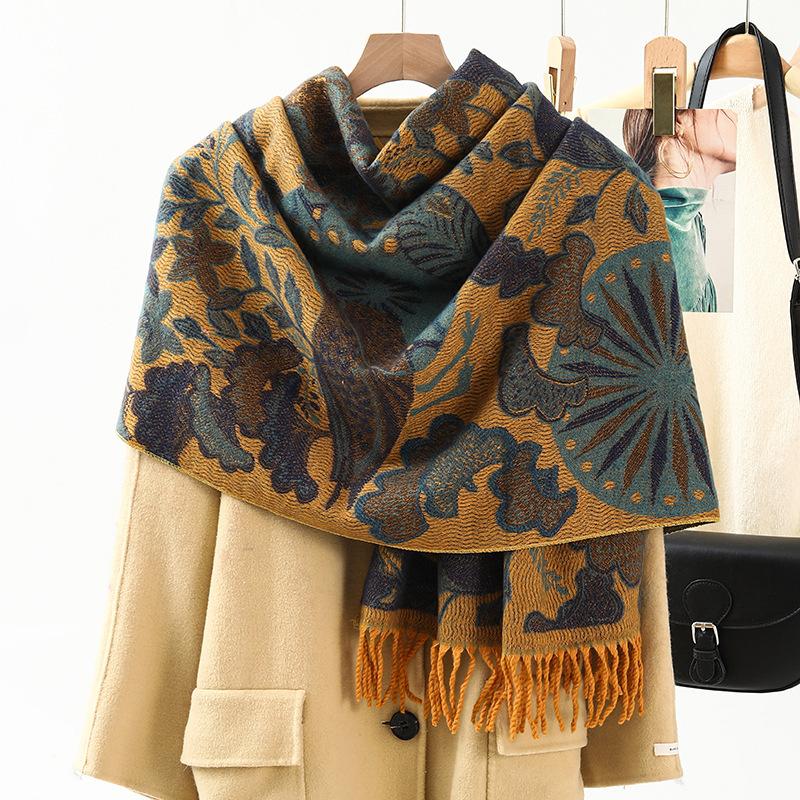 Jacquard Scarf Shawl with Decorative Imitation Cashmere Scarf for Women Winter High End New Style Thickened Ethnic Style Shawl