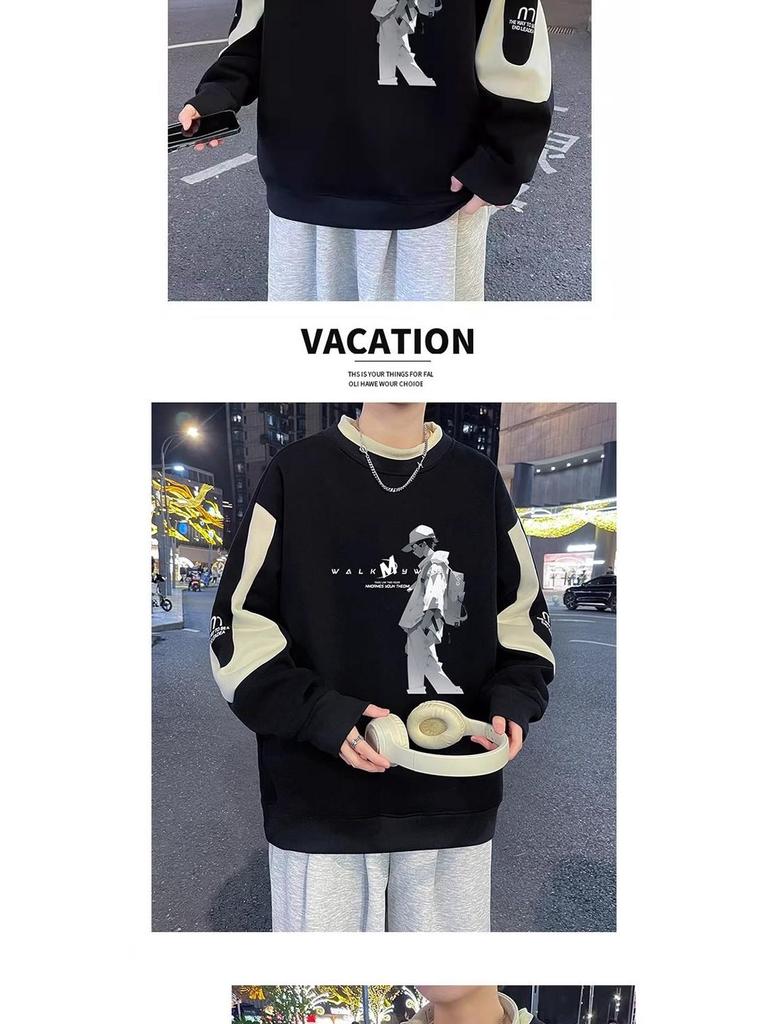 Men’s Trendy Colorblock Patchwork Hoodie – Spring/Autumn, Loose Fit, Plus Size, Round Neck, Long Sleeve Printed Top
