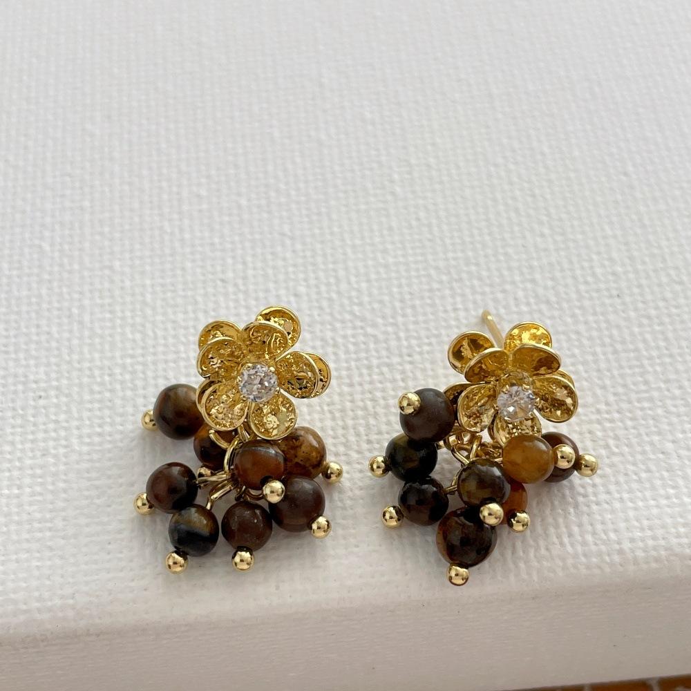 Women Fashion Statement Dangle Earrings Natural Tiger Eye Stone Cz Zircon Flower Gold Plated Daily Holiday Jewelry
