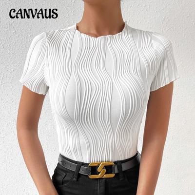 Spring and Summer Round Neck Short Sleeve Solid Colour Slim Irregular Vertical Stripes Women's T-Shirt