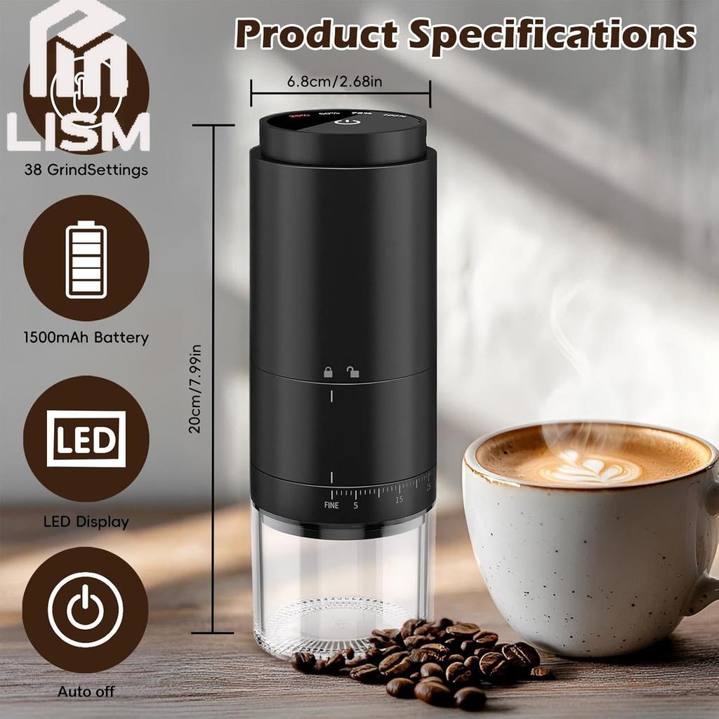 Portable Electric Coffee Grinder Rechargeable Office 38 Adjustable Grinding Settings LED Battery Indicator Shows Battery Power