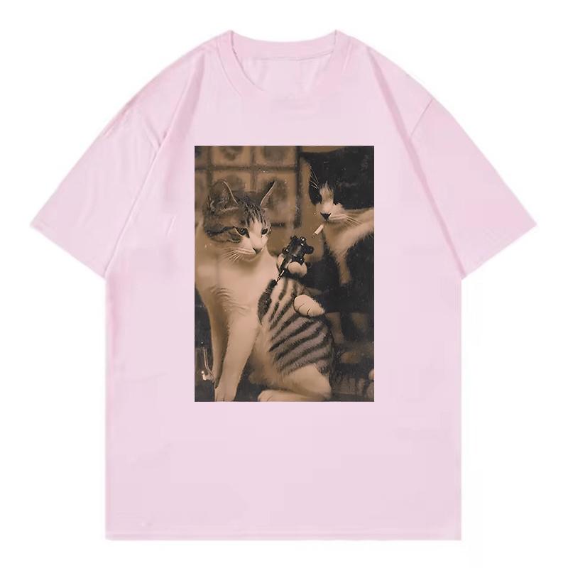 

Retro Smoking Cat Design Printed Funny T Shirts Women Cat Tshirt Round Neck Short Sleeve Trendy Tee Shirt Streetwear S