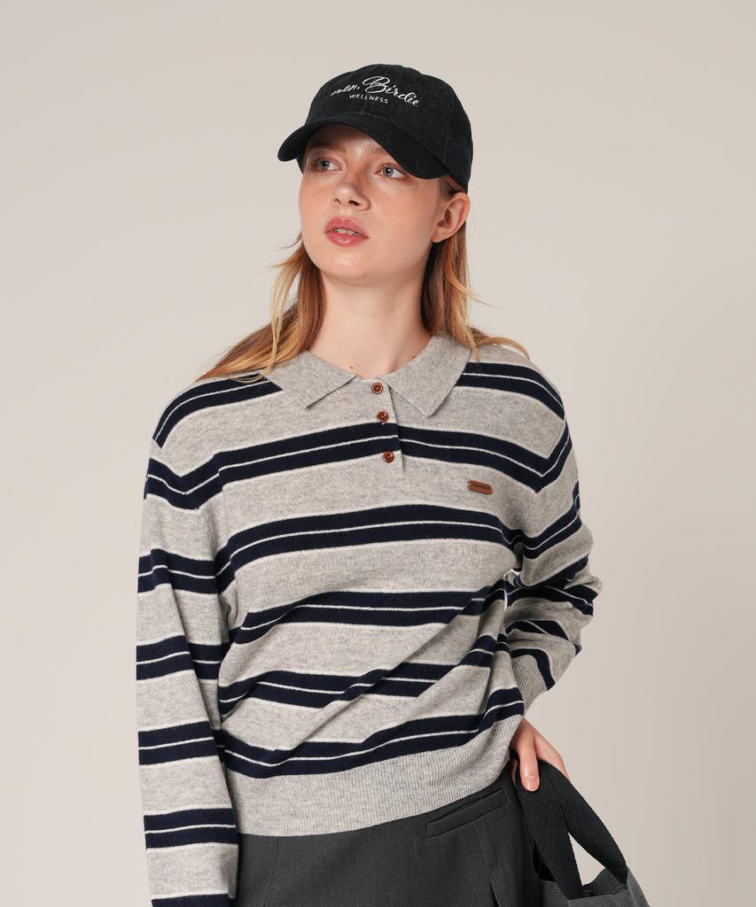 MONBIRDIE GOLF Heather Stripe Polo Wool Sweater Grey
