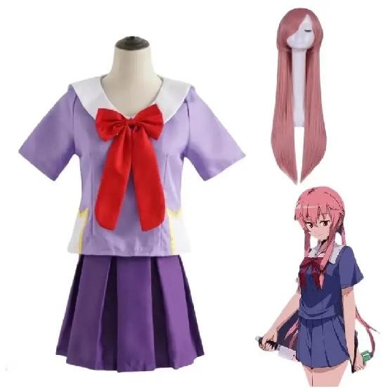 Gasai Yuno Cosplay Anime Future Diary Gasai Yuno Mirai Nikki Cosplay Costume School Uniform Bow Short Skirt Wig Halloween Suits