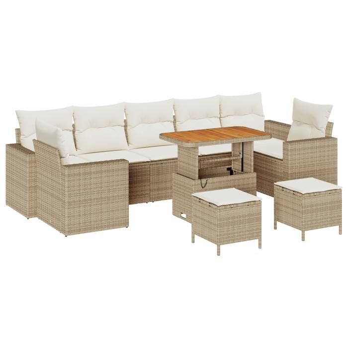 Ensemble de Canapés de Jardin de 10 Pièces avec Coussins Beige Rattan Poly Acacia, Ensemble de salle à manger de jardin 3363551