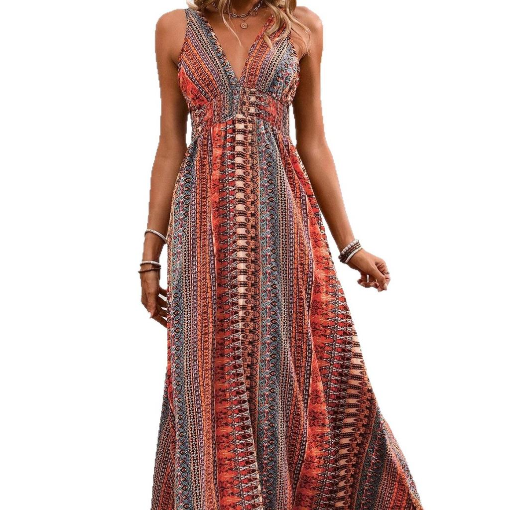 Spot Tiktoktemu European and American women's clothing new summer style V-neck long dress