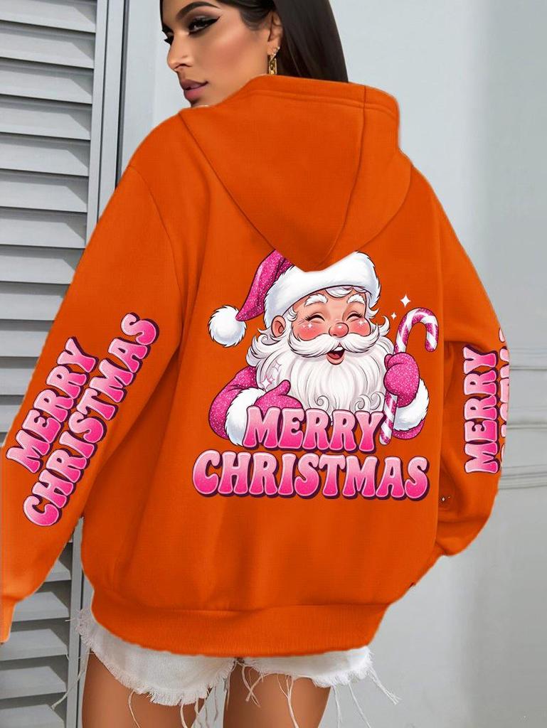Women's Pink Santa Claus Christmas Hoodie with Pockets - Autumn/Winter