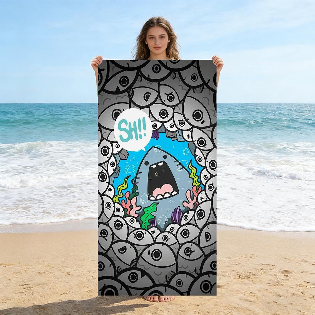 

1PC Cartoon Shark&Fish Beach Towel Quick-drying Towel Suitable for Seaside Pool Camping Vacation Yoga For Family Friend Children W30*H60(CM)