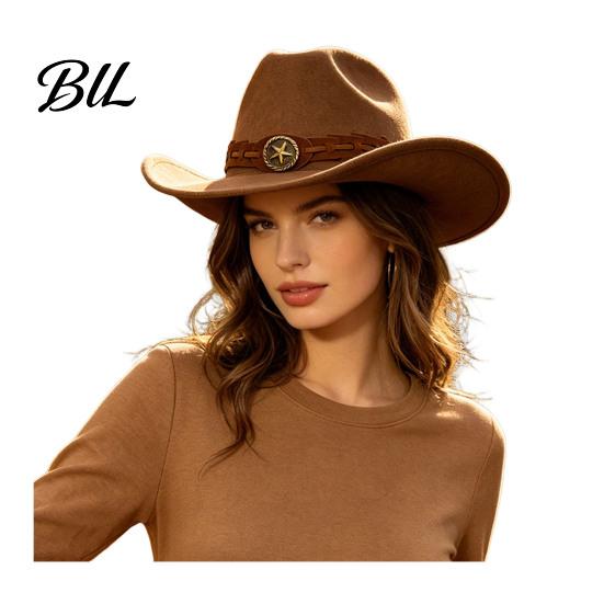 Winter Windproof Wool Cap Unisex Western Cowboy Hat, Felt Fedora Hat with Faux Leather Band, Retro Wide Brim Cowgirl for Men Women Autumn Warm