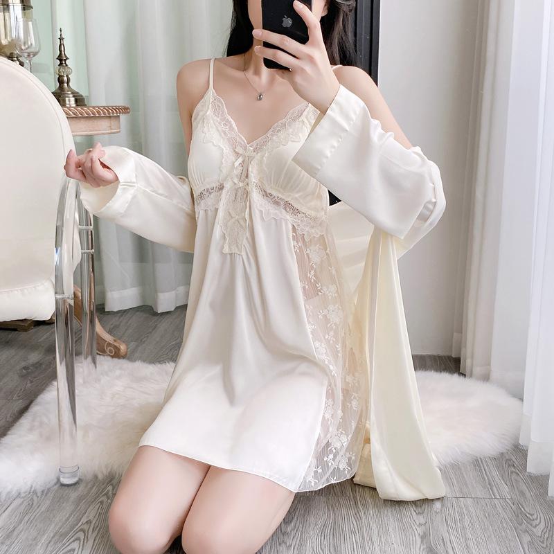 Ice and Snow Silk Women's Sexy Nightgown Two-piece Set Suspender Nightdress Thin Summer Ice Silk Pajamas Loungewear with Chest Pad