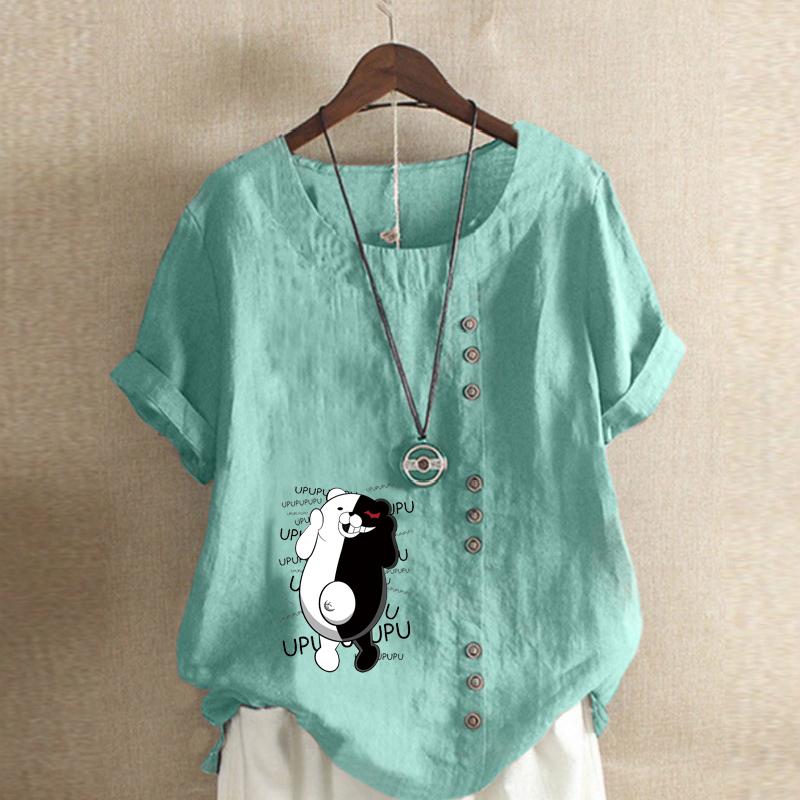 Women's Fashion Round Neck Short Sleeve T-shirt Casual Cotton Linen Graphic Shirt Leisure Loose Black and White Bear Prined Summer Blouse Tops