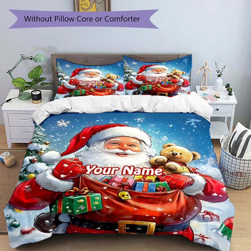 3PC Custom Name Santa Claus Gifts Teddy Bear. Bedding Set Duvet Cover Closure Includes 1 Duvet Cover & 2 Pillowcases for Bedroom