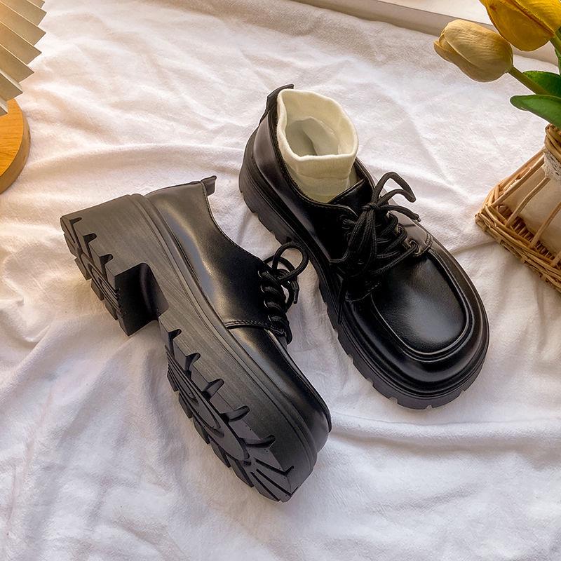 Women's Black Height-Boosting Retro Loafers - Thick Sole, British Style, 2025 Spring Collection