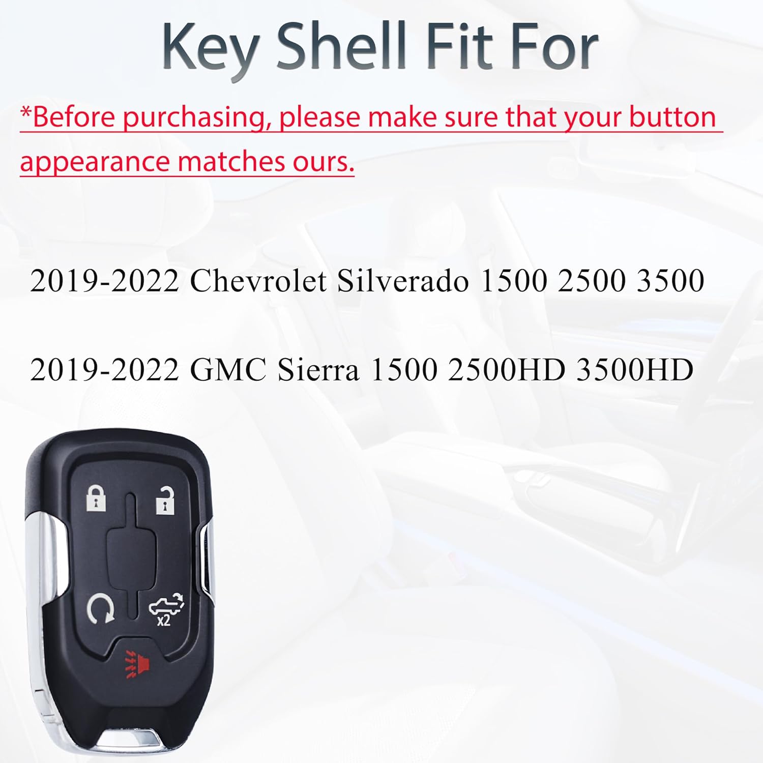 Key Fob Shell Case Replacement Fits for 2019 2020 2021 2022 Chevy Silverado GMC Sierra 1500 2500HD 3500HD Keyless Entry Remote Control 5 Button Key