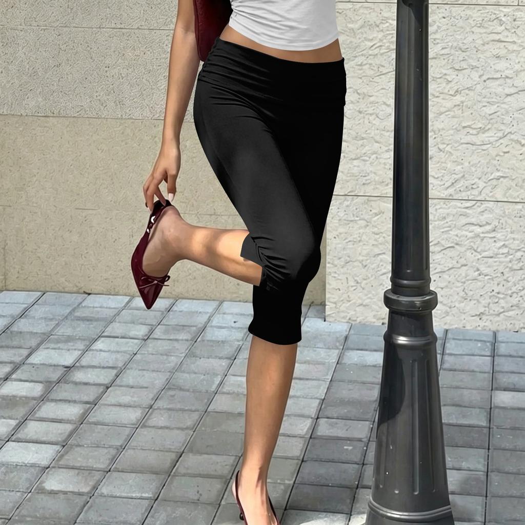 Women’s Slim Fit Printed Ruched Capri Pants Stretchy Mid Waist Cropped Trousers for Casual and Daily Wear