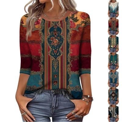 Kadınlar İçin Trend Vintage 3/4 Kollu Üst, Bayan Günlük Üç Çeyrek Kollu Yuvarlak Yaka Baskılı Tişört Bluz