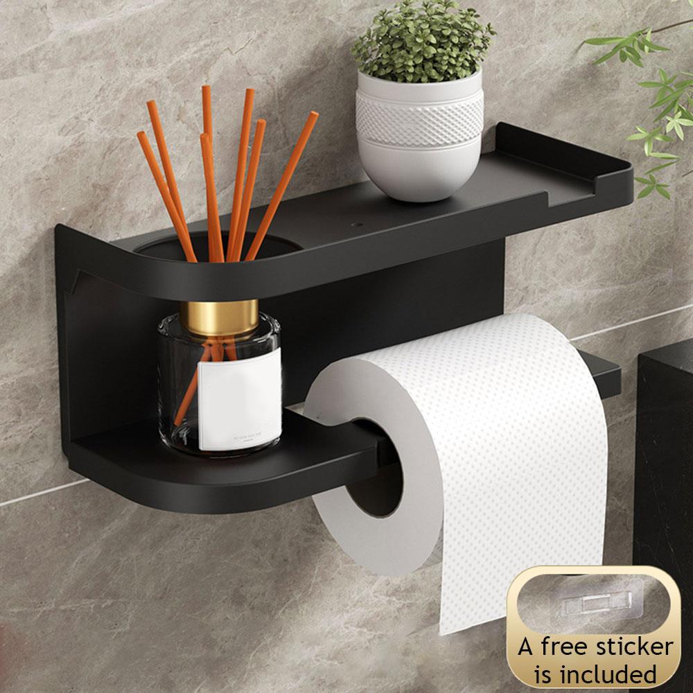 

1pc Drill-Free Toilet Paper Holder Wall-Mounted Tissue Rack & Roll Paper Bar Storage Shelf Kitchen Bathroom Storage Rack чёрный