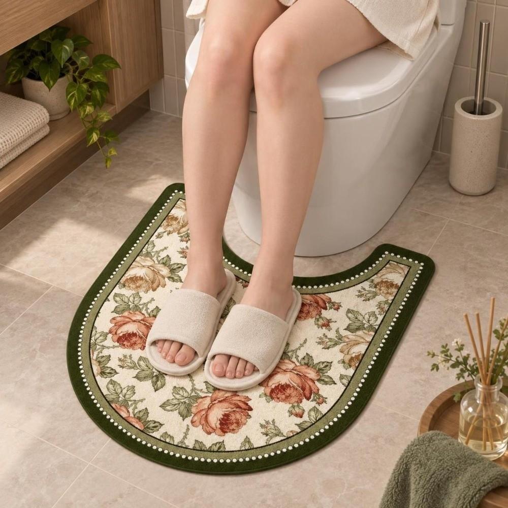 Quick Dry U-Shaped Toilet Mat Absorbent Toilet Pad Retro Floral Bathroom Rug Restroom