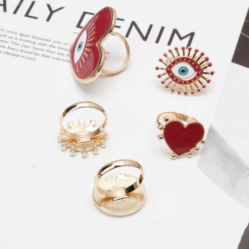 5Pcs Heart Enamel Evil Eye Open Band Women Rings Exaggerated Fashion Jewelry