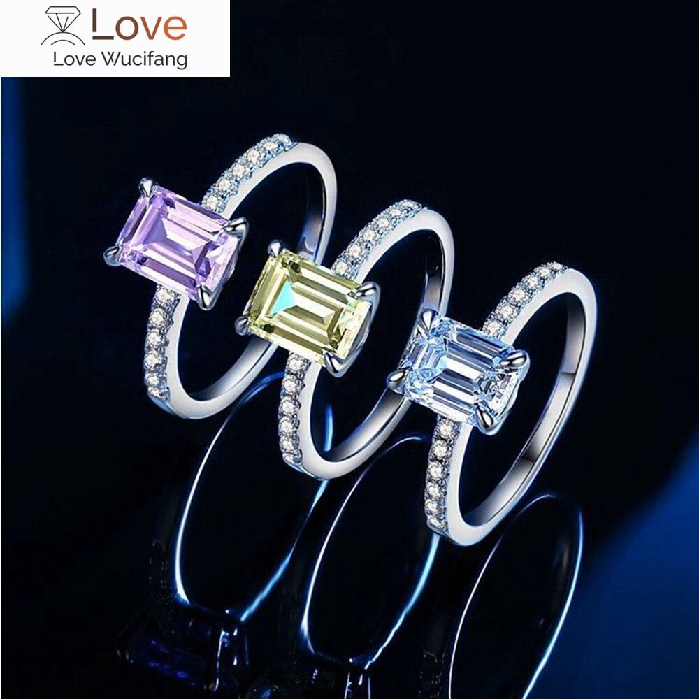 100 % 925 Sterling Silver Emerald Cut 6 * 8 mm Vytvořený drahokam Moissanite Svatební zásnubní prsten Ženy Jemné šperky Dárek