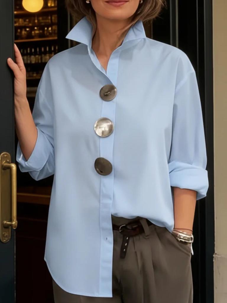 New Spring/Summer Solid Color Stand Collar Metal Button Long Sleeve Shirt