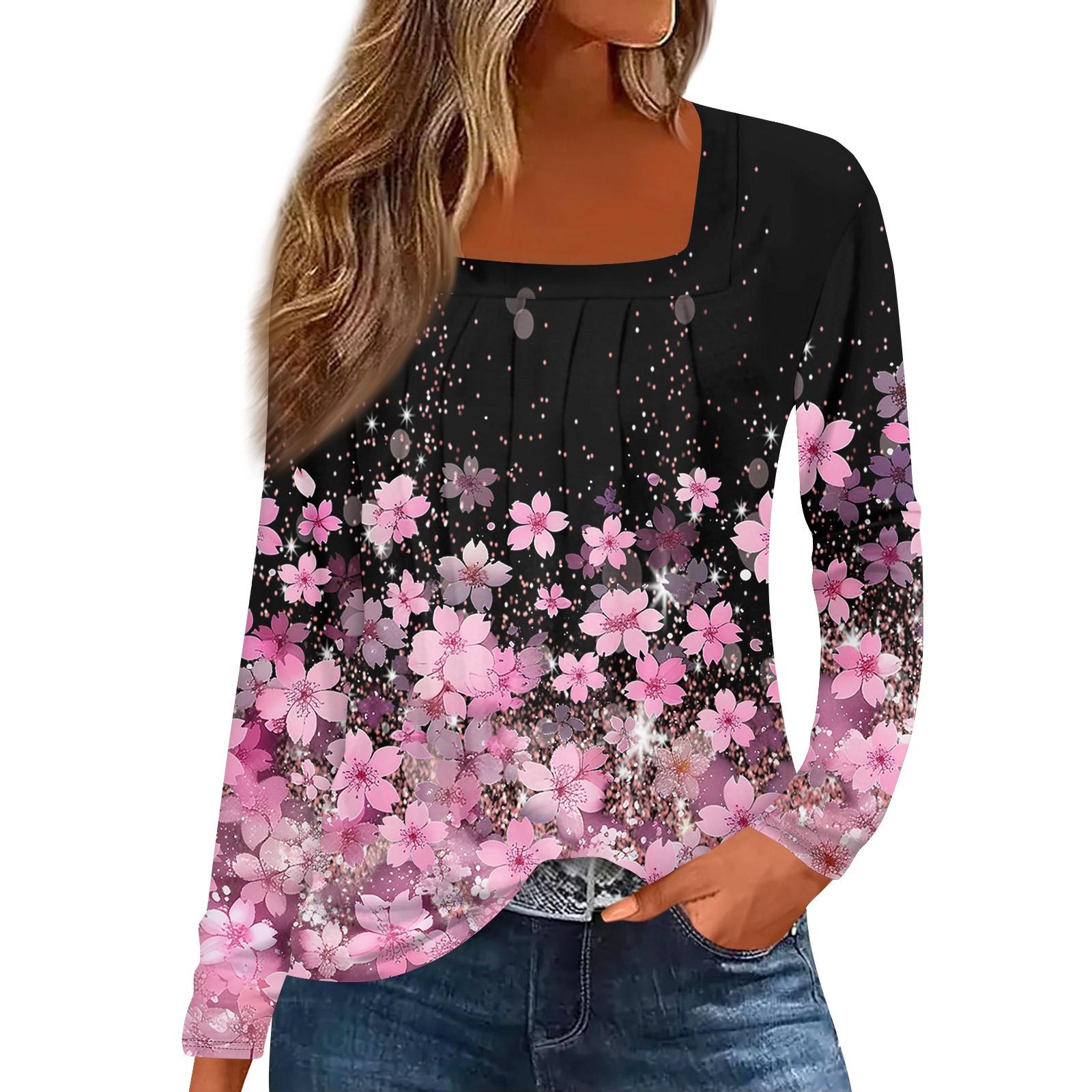 

Женская модная повседневная винтажная футболка с цветочным принтом и квадратным вырезом, длинным рукавом L розовый