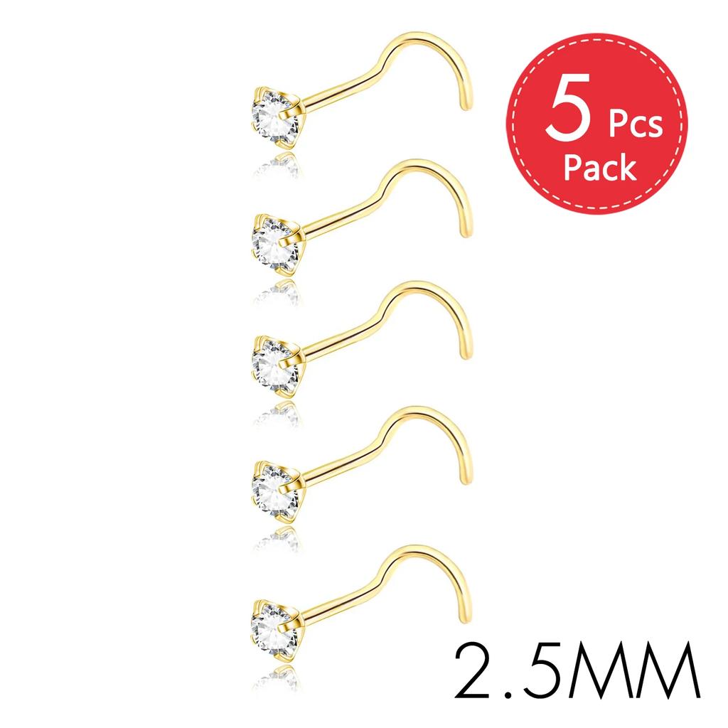 5Pcs CZ Gem Stainless Steel Nose Piercing Stud Crystal Nariz Body Jewelry S L Bone Shape Nostril Rings for Women Girl 20g 0.8mm
