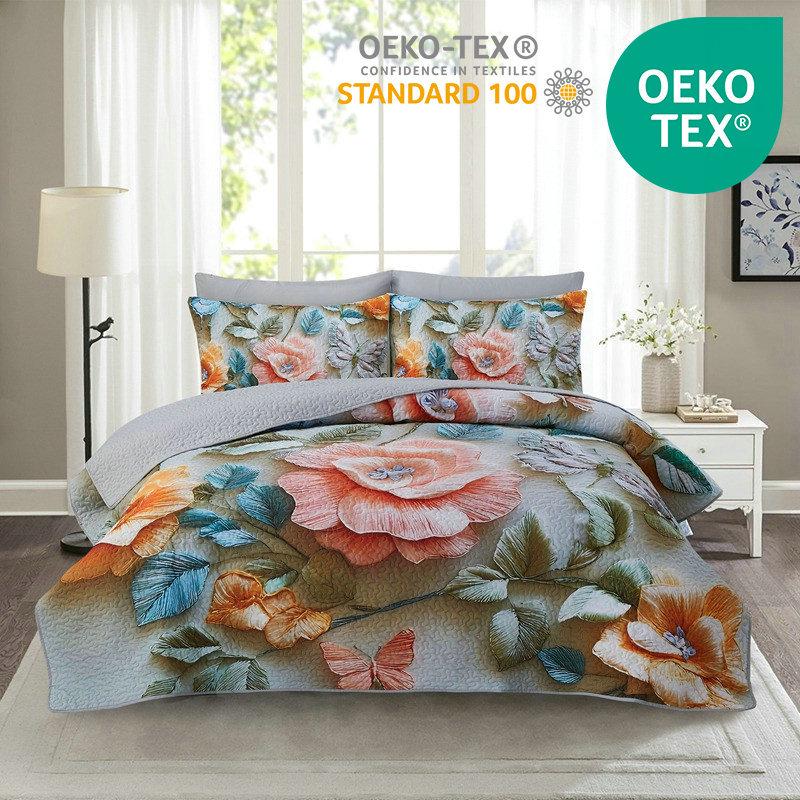 3D Floral Ultrasonic Brushed Bedding Set 168x229cm cover, 50x75cm pillows (x2)
