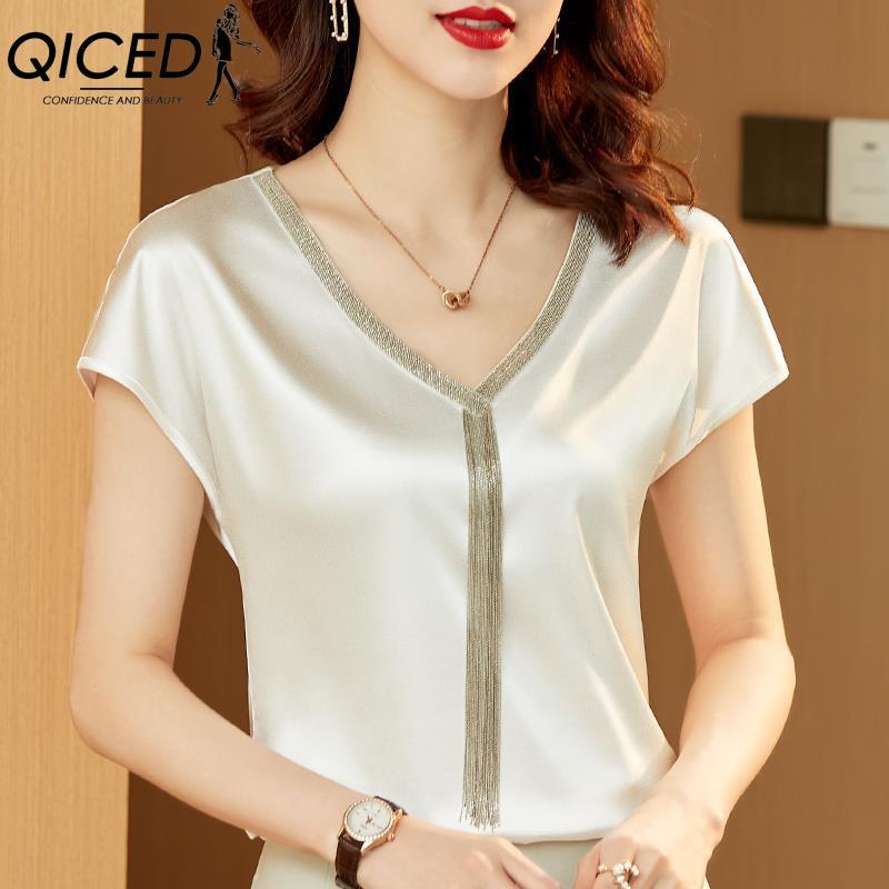 QICED Summer Heavy Industry Tassel Satin Innerwear and Outerwear Base Layer Short-sleeved T-shirt Top Women V-neck