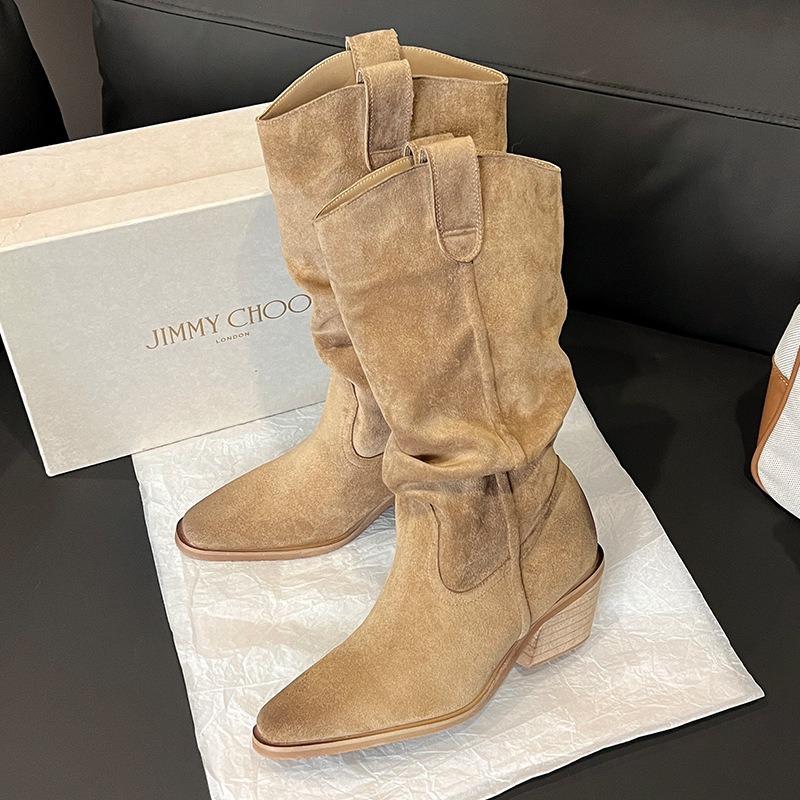 

Cow velvet~ Pile boots women s leather boots medium tube Chelsea short boots inner height increase thin boots pointed western cowboy boots 39