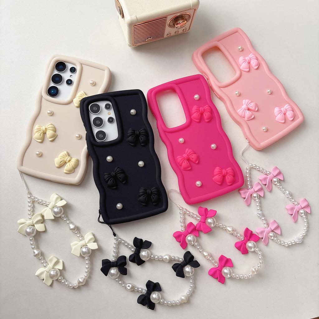 Bowknot Pearl Chain Rope Phone Case For Samsung Galaxy for Samsung Galaxy S26 Ultra S25 Plus S22 S21 S23 S24 FE Cover