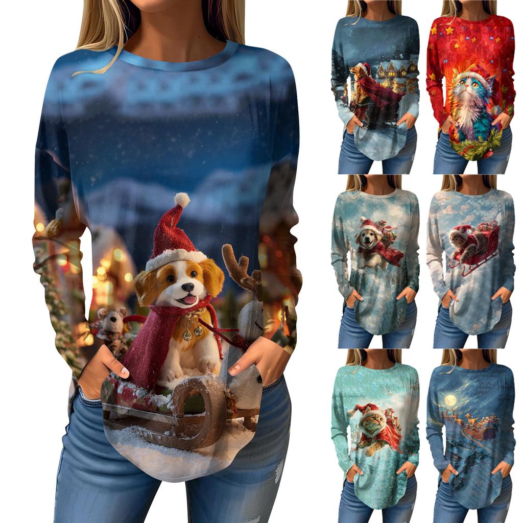 Tee Shirts For Women Casual Round Neck Long Sleeve Shirts Christmas Printing Top Pullover