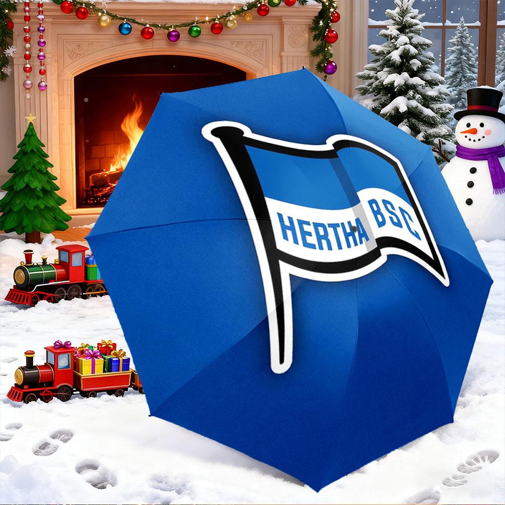 Windproof Umbrella with Hertha BSC Berlin Football Club Flag Crest Print, Blue White Banner Design, Soccer Fan Gift