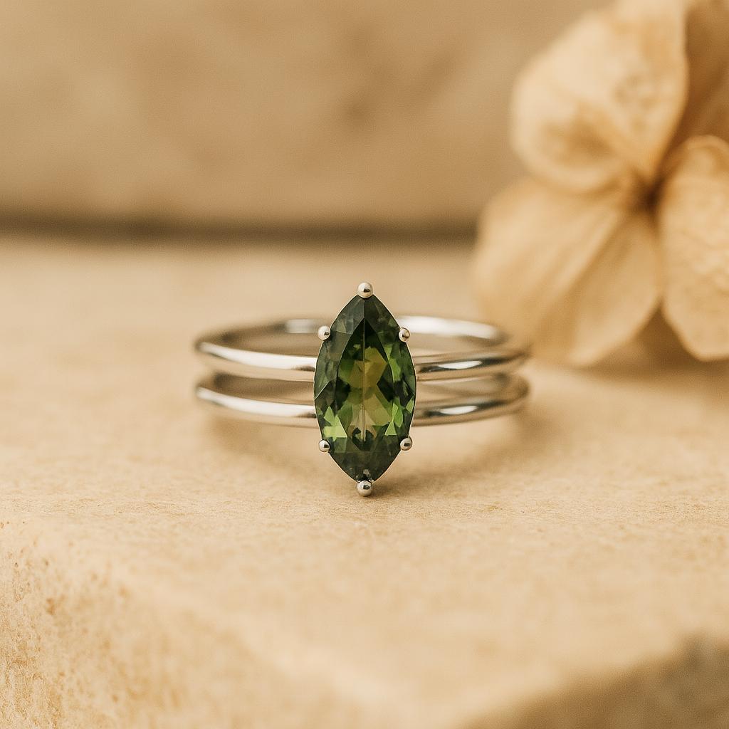 Marquise Green Sapphire Ring, White Gold Plated Silver, Split Band Solitaire Engagement Ring for Women