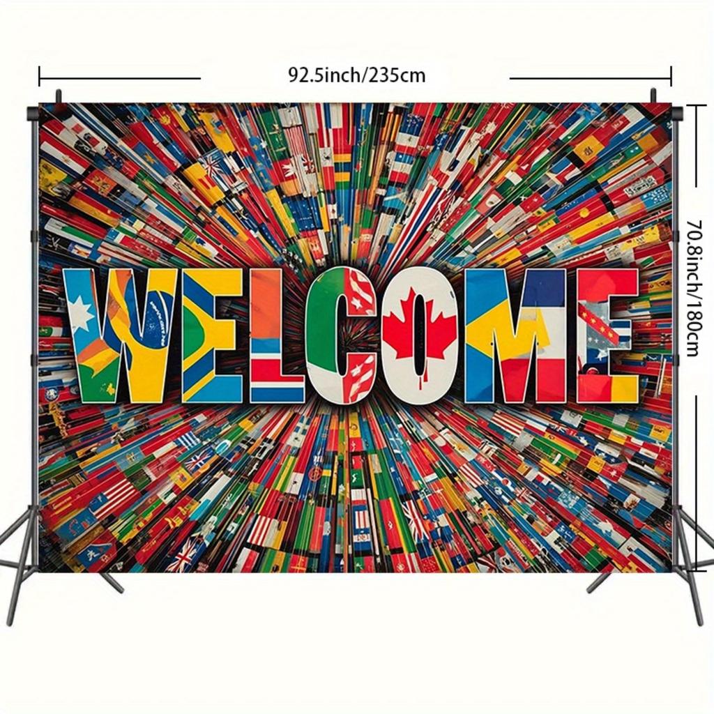 1 Welcome Home Background Banner - Colorful World Flag Design, Durable Polyester Reusable Photography Background Fabric