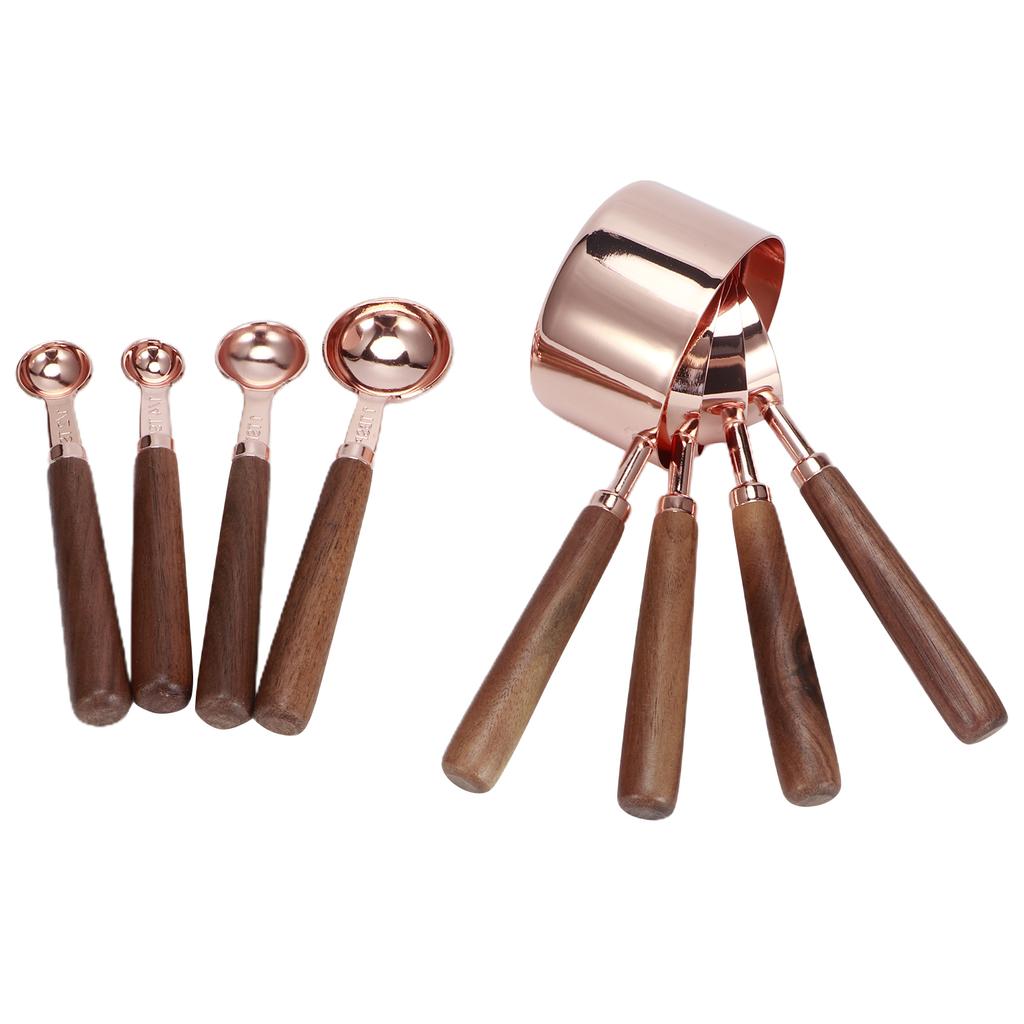 8Pcs Rose Gold Stainless Steel Measuring Spoon Set with Wood Handles Kitchen Baking Accessory