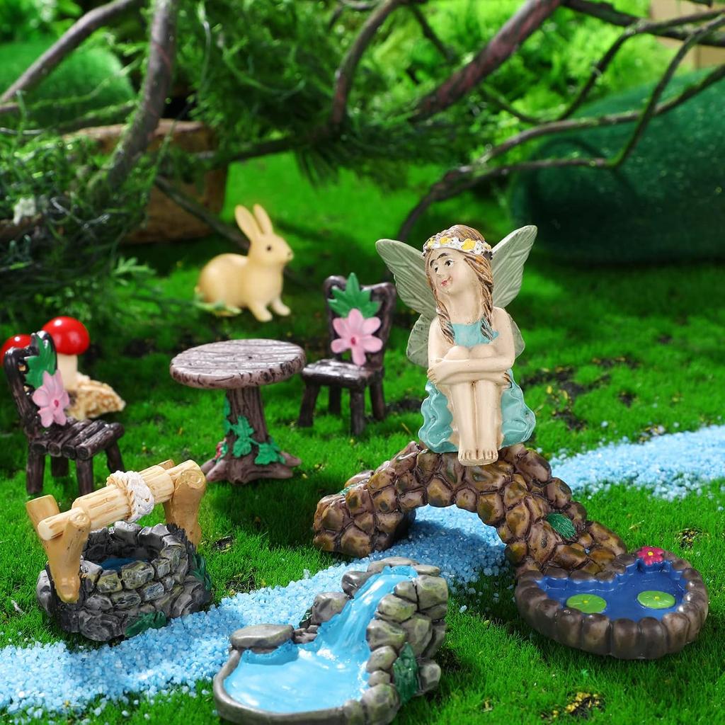 Roowest 19 Pcs Garden Accessories Garden Fairies Kit Miniatures Garden Animals Cute Tiny Mushroom Mini Pond Bridge Figurine Miniature Figurines Micro
