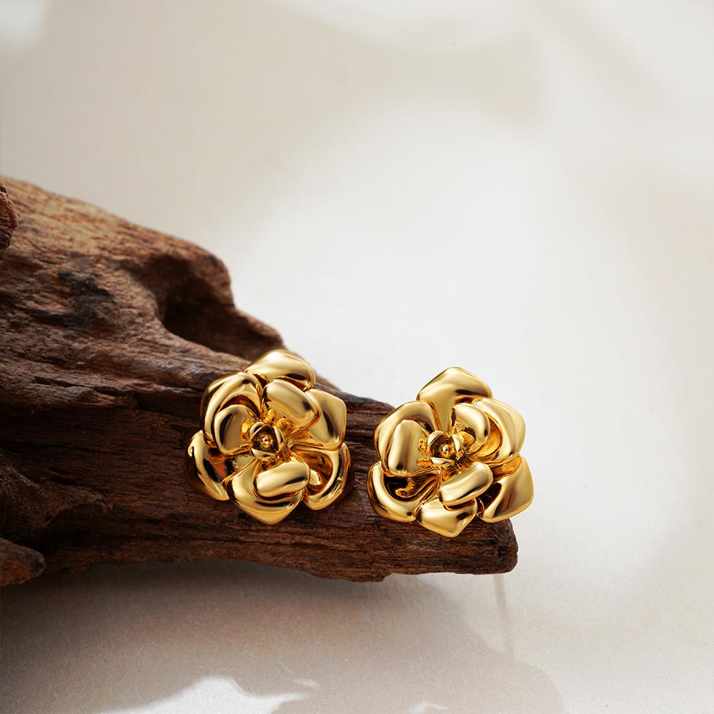 Vintage Polished Multi Layered Petals Ear Studs Stainless Steel Gold Plated Flower Shape Drop Earrings Femal Waterproof Jewelry