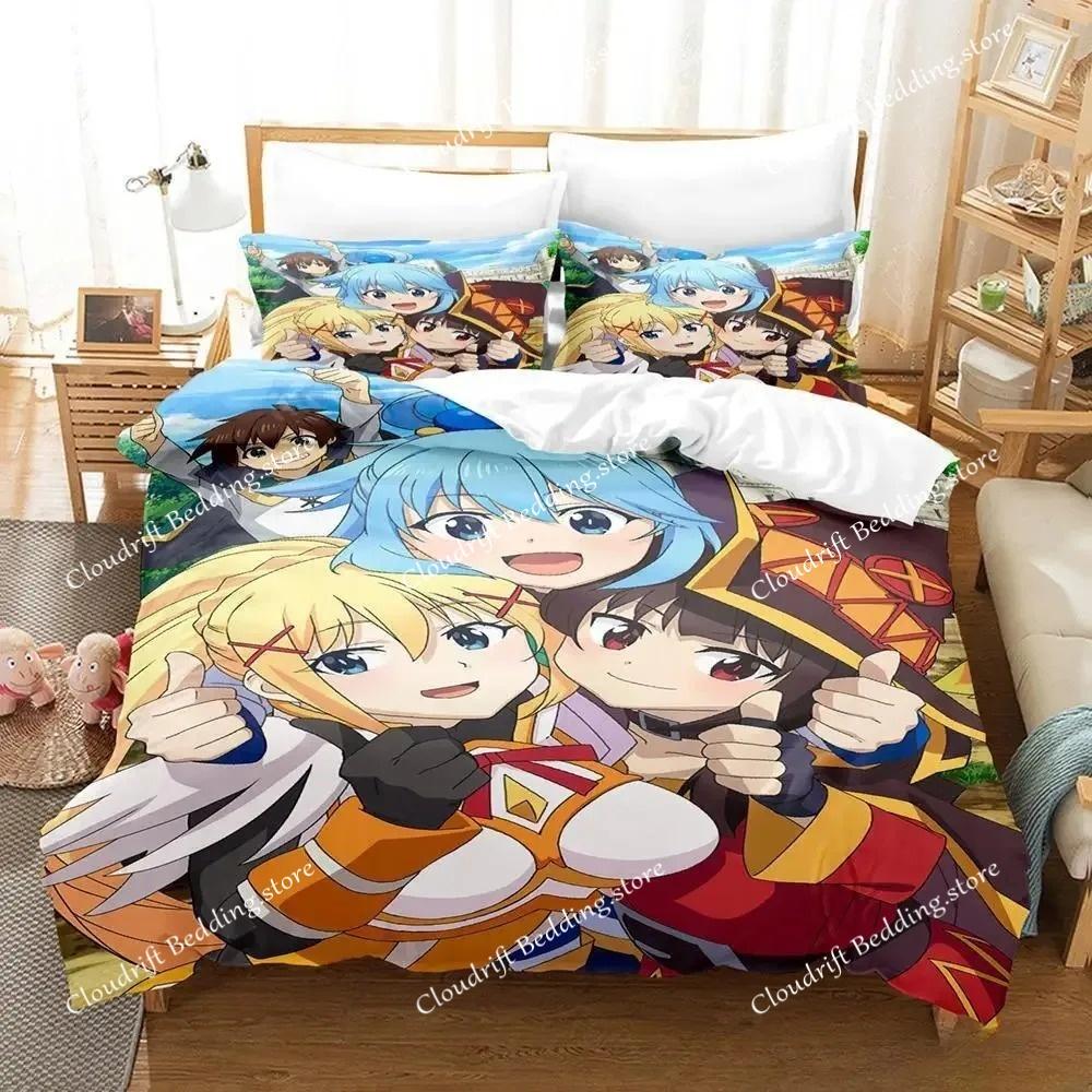 Kawaii KonoSuba Set da letto Cartone Animato Anime set da tre pezzi Adulto Bambino Camera da letto Set Copripiumino 3D Kawaii Ragazze set da letto king size