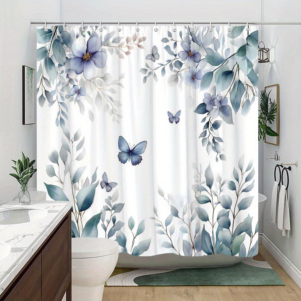1pc Blue Lavender Floral and Butterfly Shower Curtain - with soft petals and translucent butterflies, polyester fabric with hook