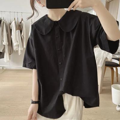 Baby Doll Collar Puff Sleeve Shirt Women's New Summer Loose Pullover Pleated Small Fresh Short-sleeved Top