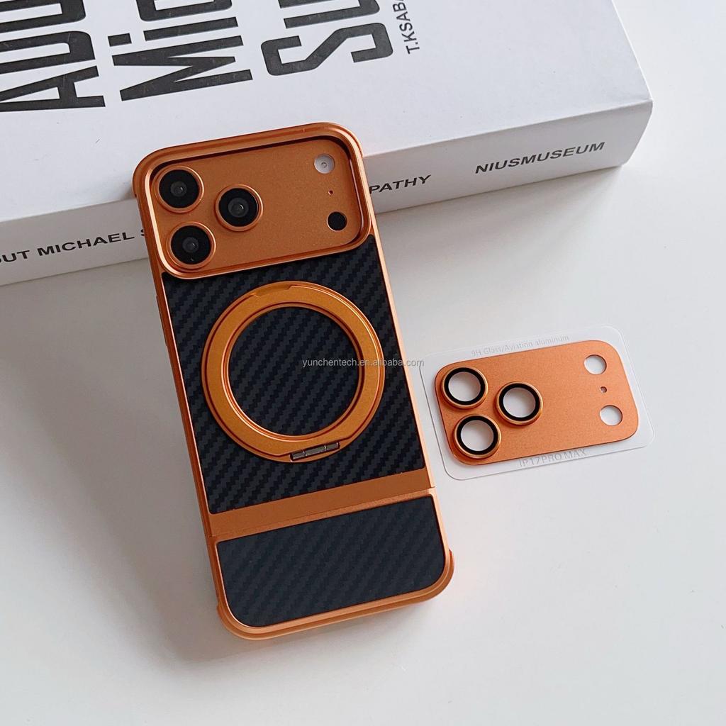 Luxury Men Girl 360 Rotation Magnetic Shockproof Ring Stand Cover Metal Magnetic Carbon Fiber Phone Case for Iphone 17 Pro Max