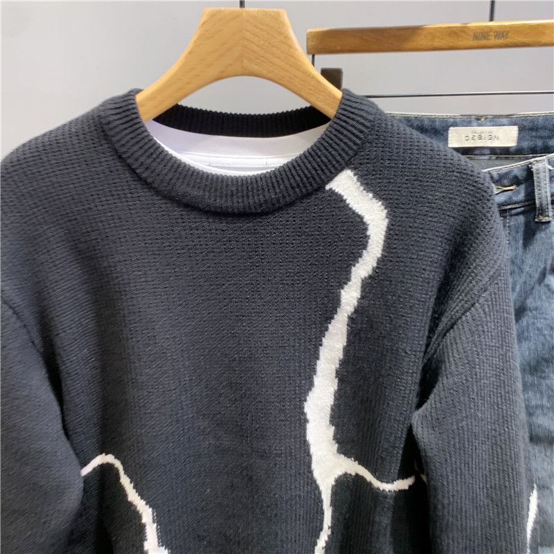 Men Autumn and Winter New Trendy Fashion Color Matching Loose Pullover Sweater Warm Casual Round Neck Bottoming Shirt