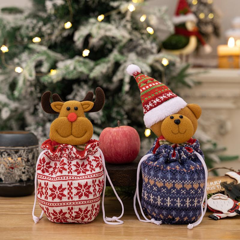 Christmas Knitted Gift Bags Set With Apple Doll Elk Santa Bear Design For Candy Storage Xmas Party Favors  Year Gifts Holiday