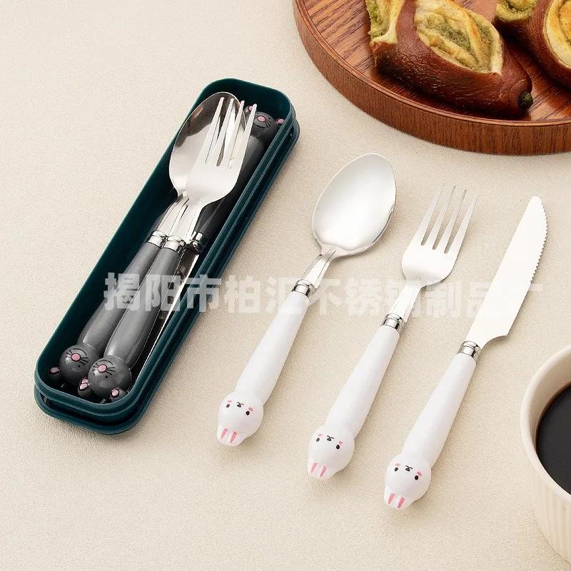 Creative Cartoon Stainless Steel Fork Spoon Chopsticks Three Piece Set Cute Student Spoon Chopsticks Portable Tableware Set For