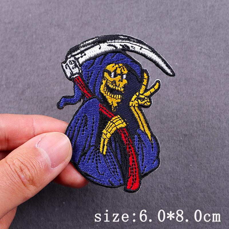 Punk Skull Embroidered Patches For Clothing Hip Hop Patch Iron On Patches For Clothes Grim Reaper Embroidery Patch Stripe Badges